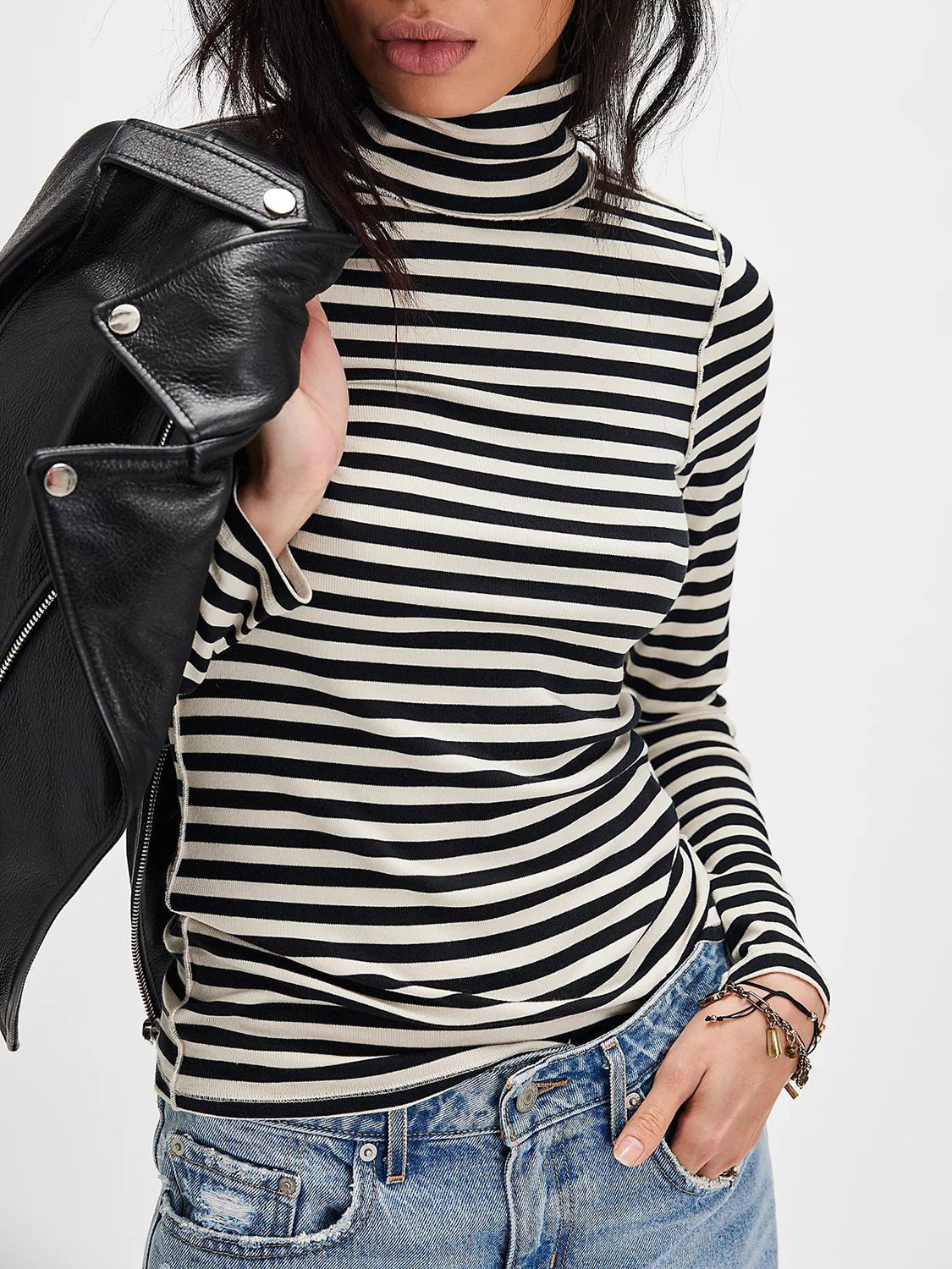Exposed Seam Striped Turtleneck Long Sleeve T-Shirt Main image