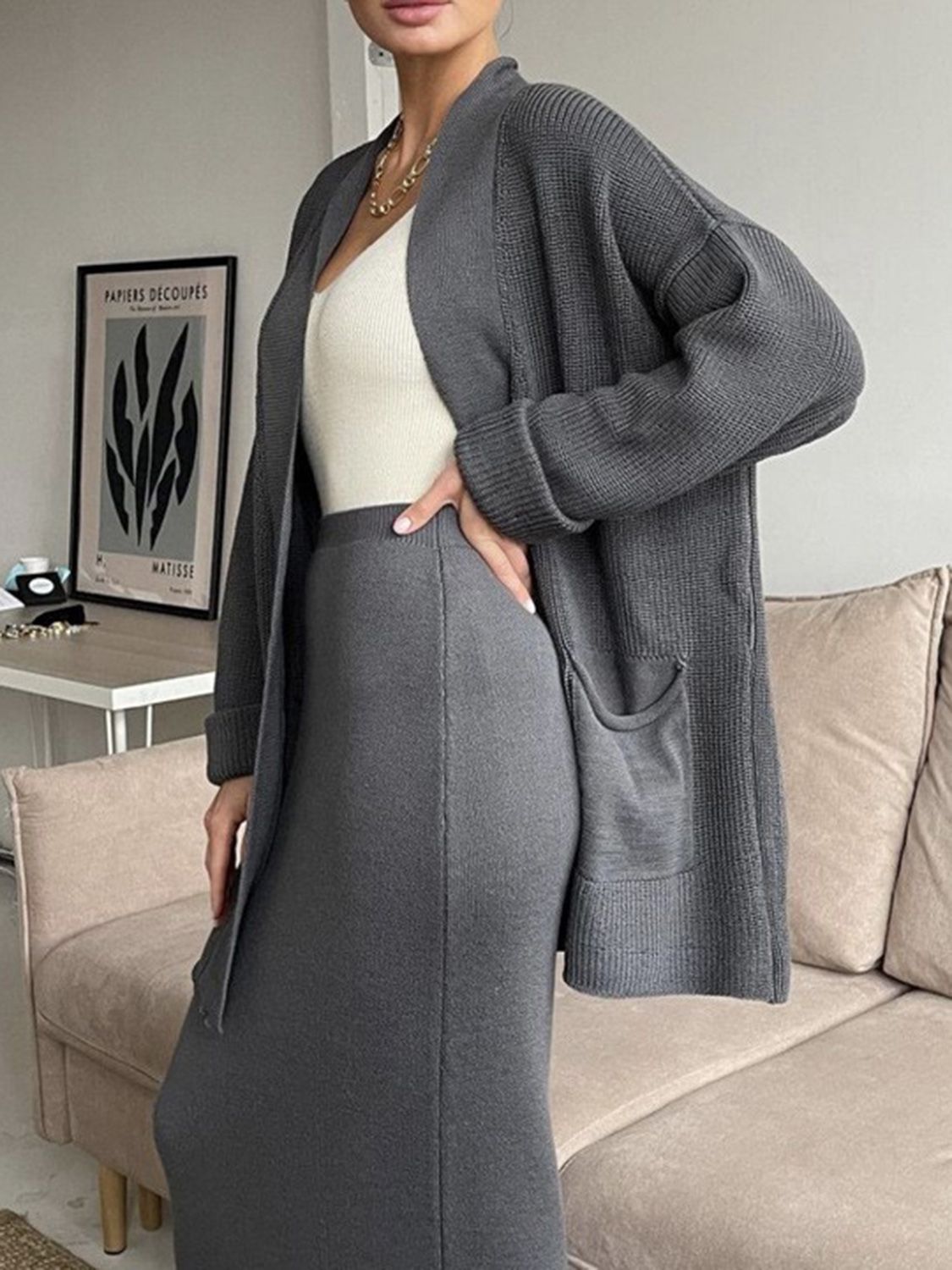 Pocketed Long Sleeve Cardigan and Skirt Sweater Set - felvior
