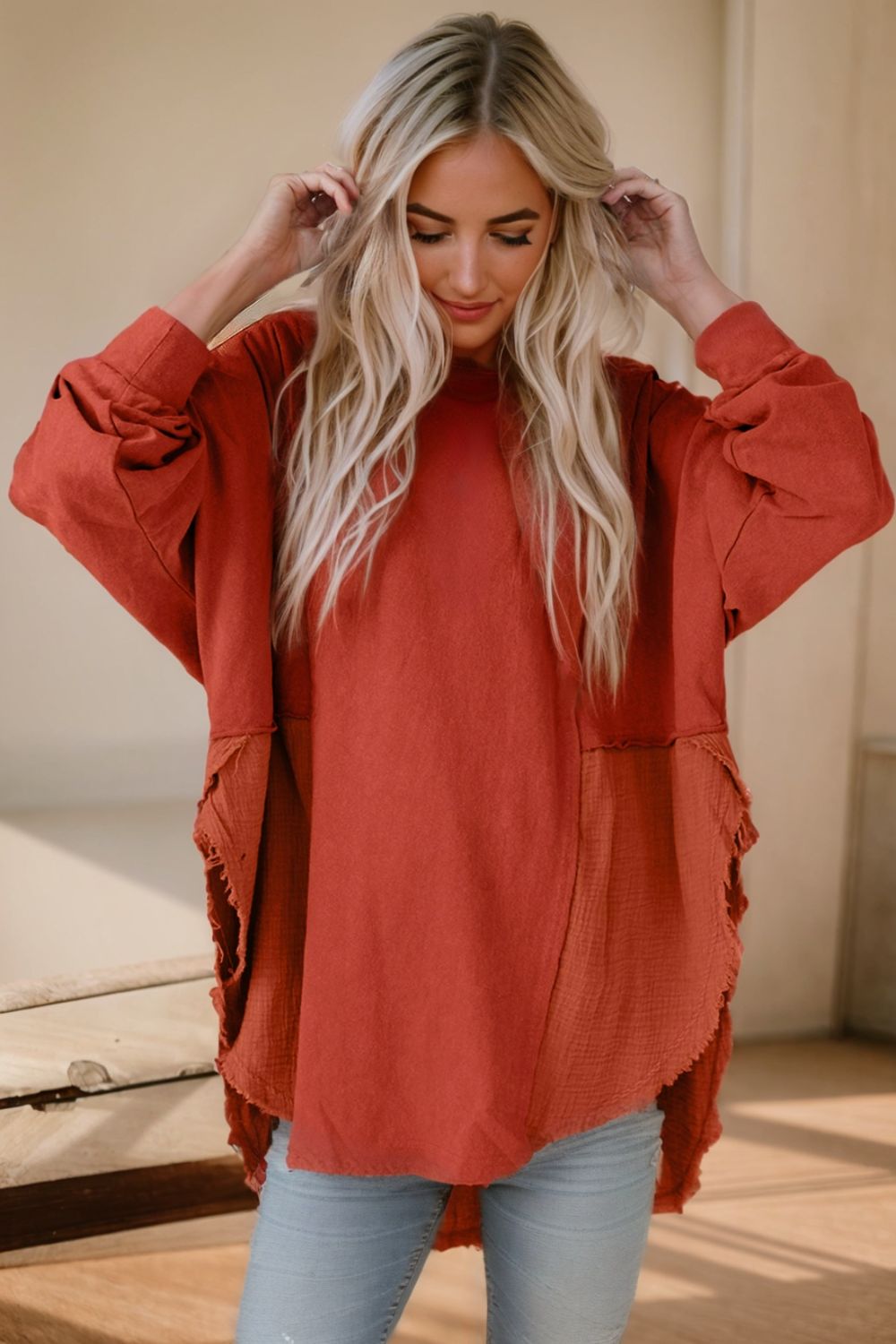 Contrast Texture Round Neck Long Sleeve Blouse - felvior