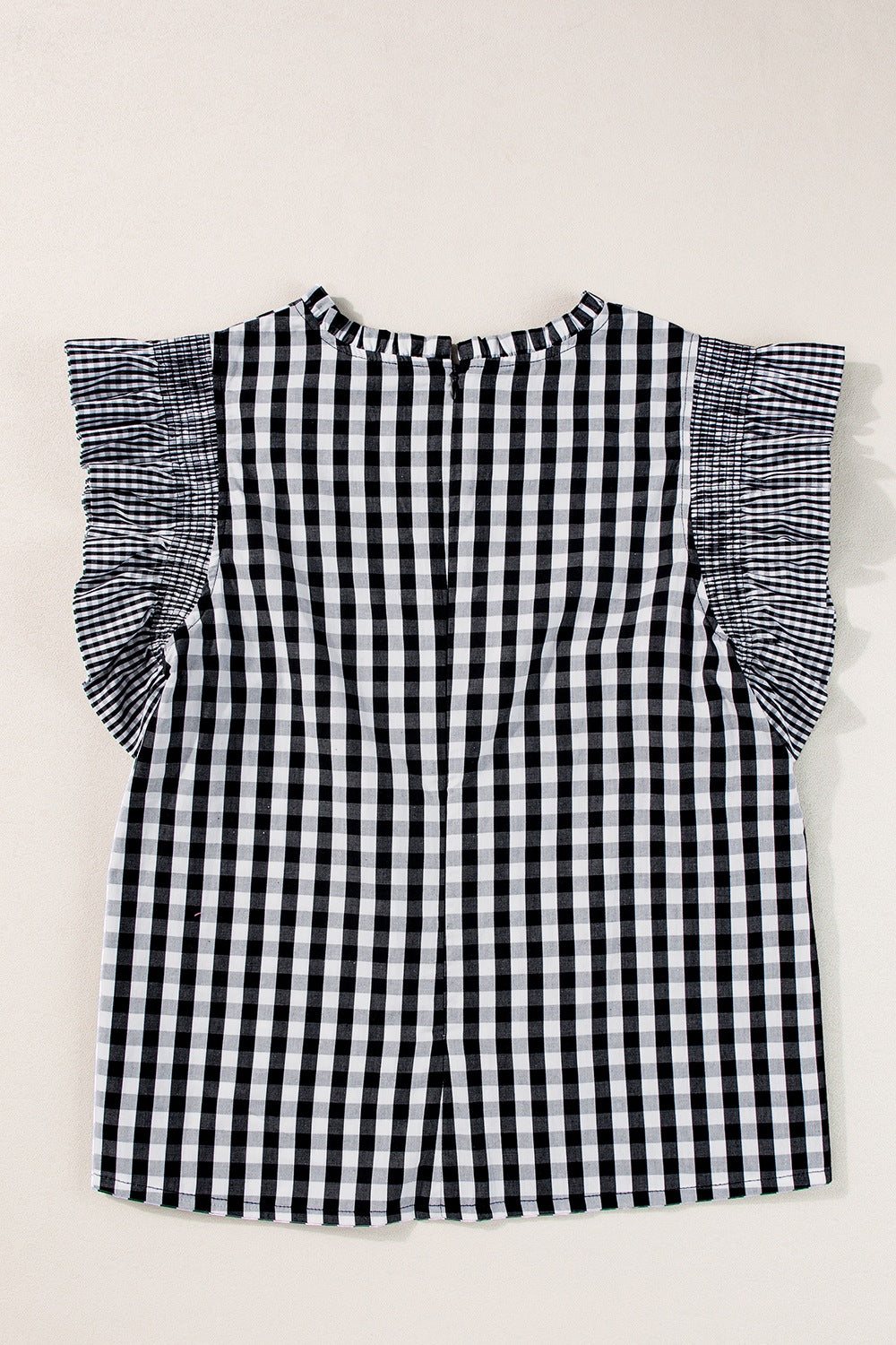 Checkered Ruffled Sleeve Frilled Neck Blouse