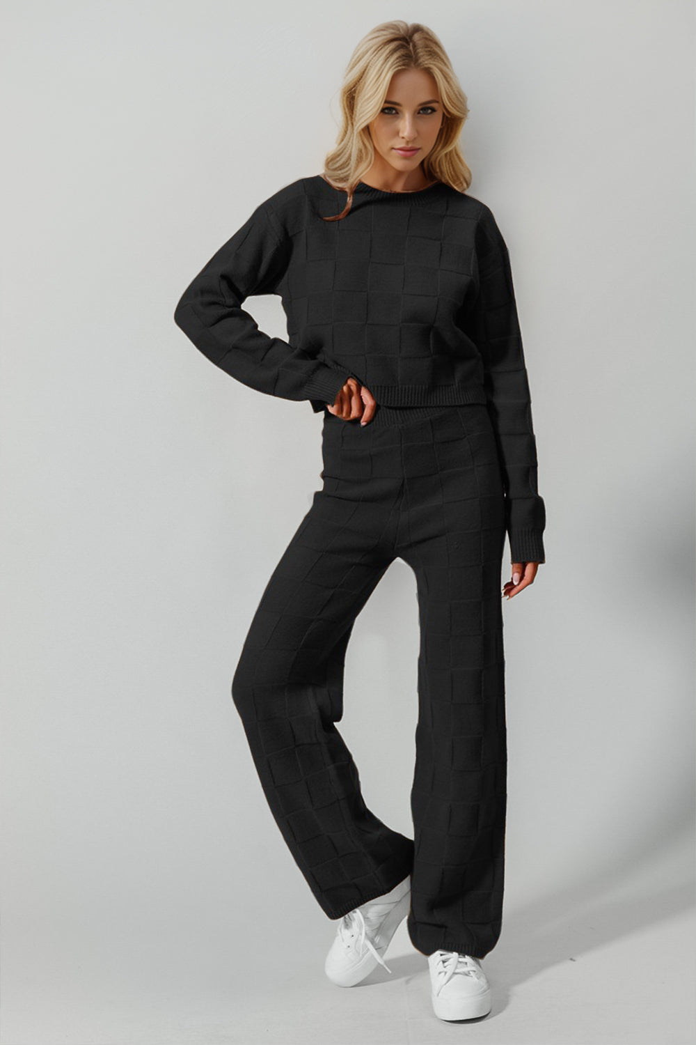 Double Take Full Size Checkered Round Neck Top and Pants Set - felvior