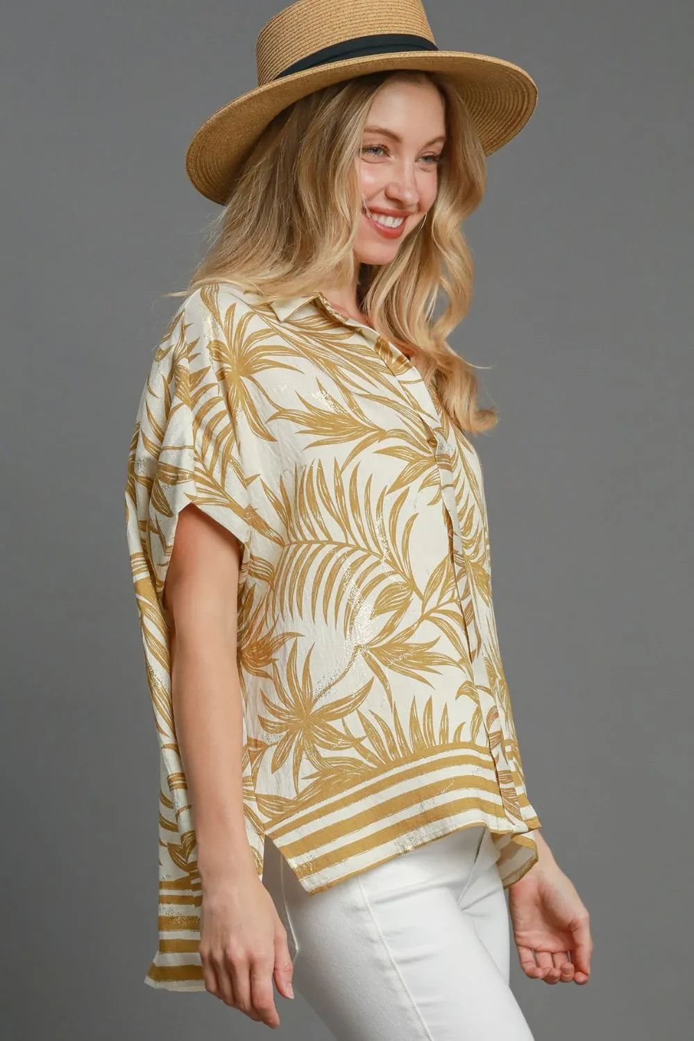 Umgee Full Size Tropical Print Button Down Shirt Plus Size