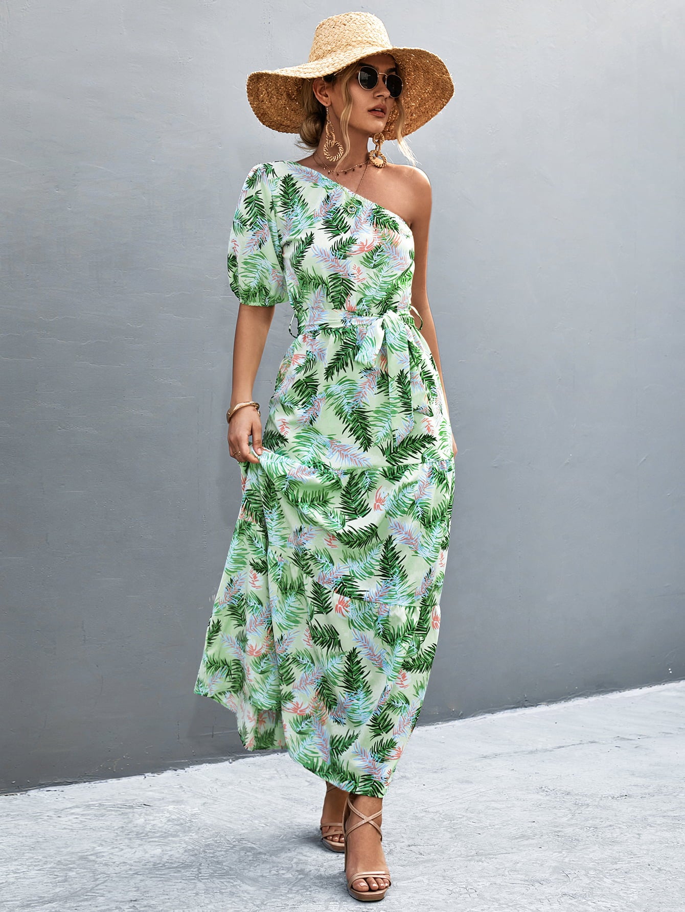 Printed Tie Waist One Shoulder Maxi Dress - felvior