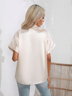 Button Down Collared Neck Short Sleeve Satin Shirt