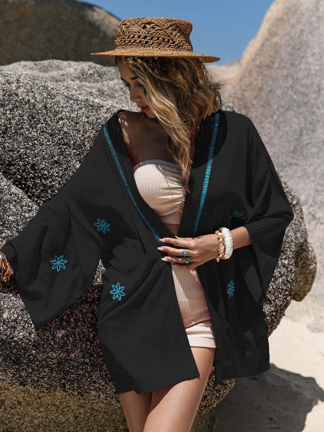 Embroidered Open Front Long Sleeve Cover Up - felvior