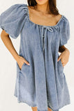 Bubble Sleeve Square Neck Denim Babydoll Dress - felvior