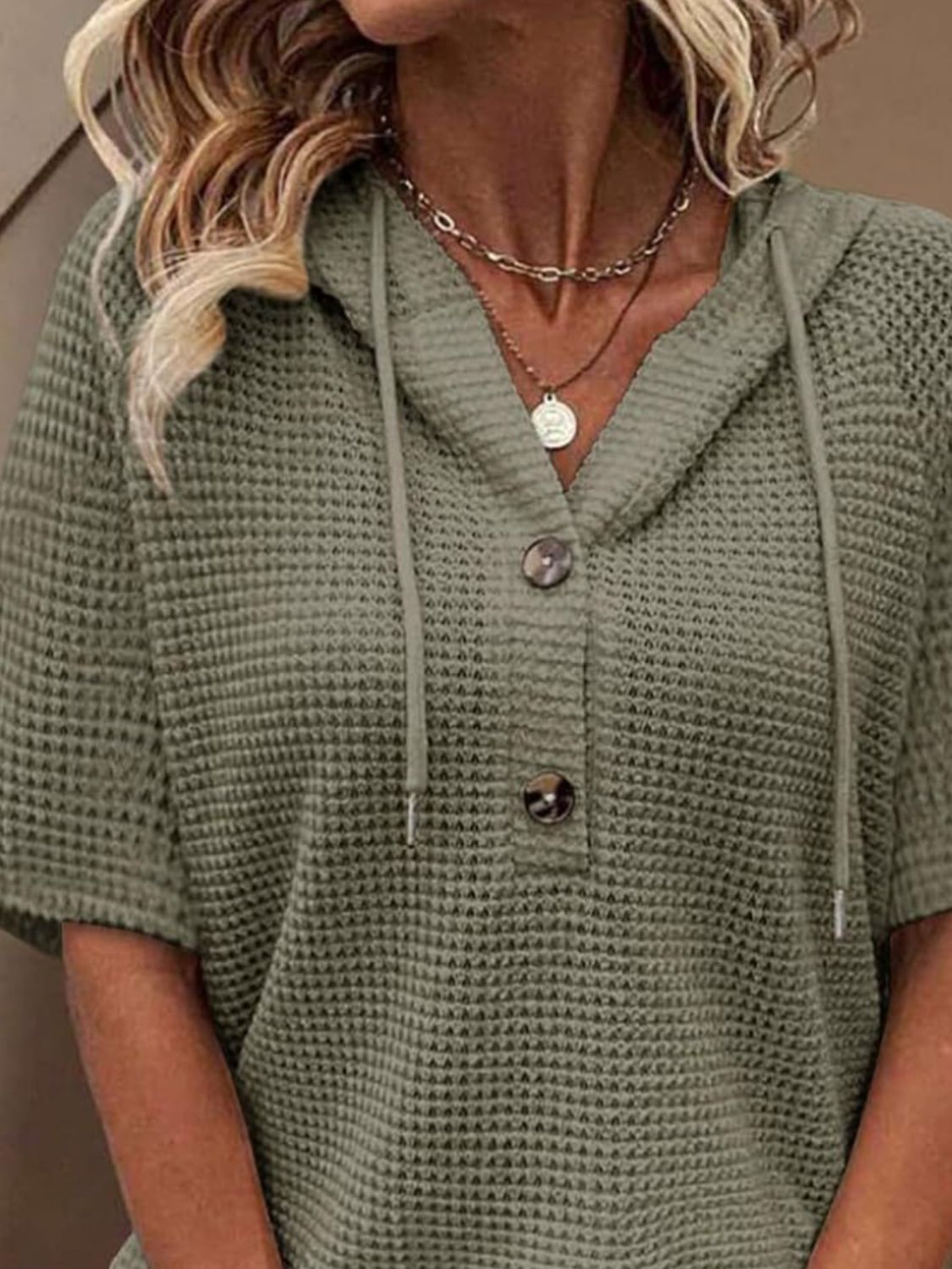 Waffle-Knit Hooded Short Sleeve Blouse - felvior