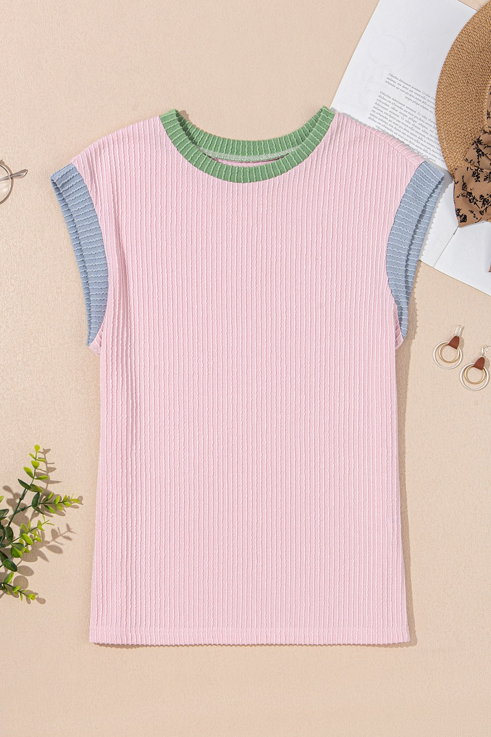 Contrast Trim Round Neck Cap Sleeve Top - felvior