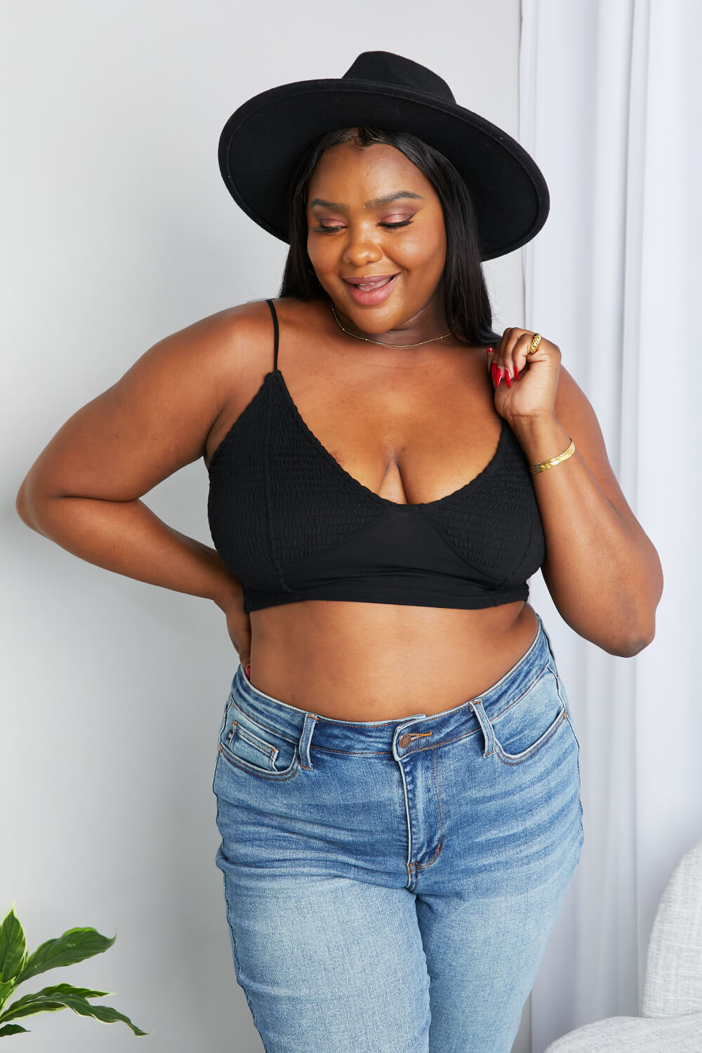 Zenana Full Size Textured Spaghetti Strap Bralette in Black - felvior