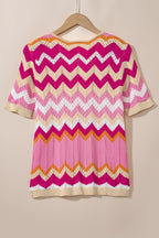 Stripe Chevron Openwork Round Neck Short Sleeve Knit Top