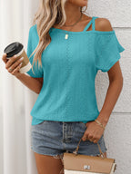 Eyelet Asymmetrical Shoulder Short Sleeve T-Shirt