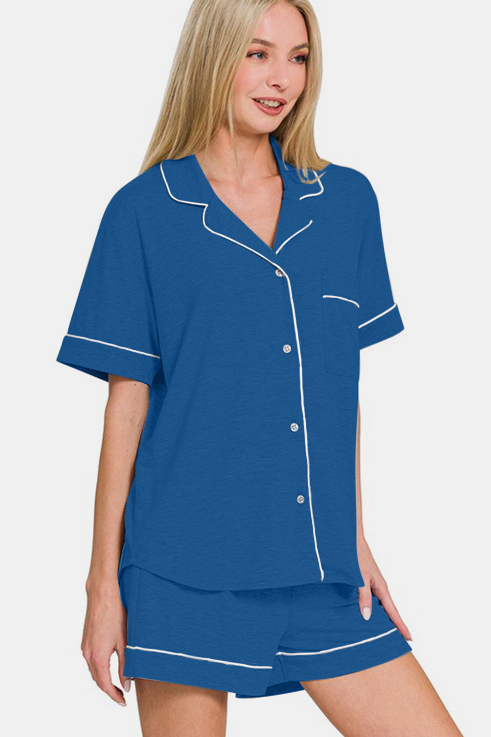 Zenana Button Down Short Sleeve Top and Shorts Lounge Set - felvior