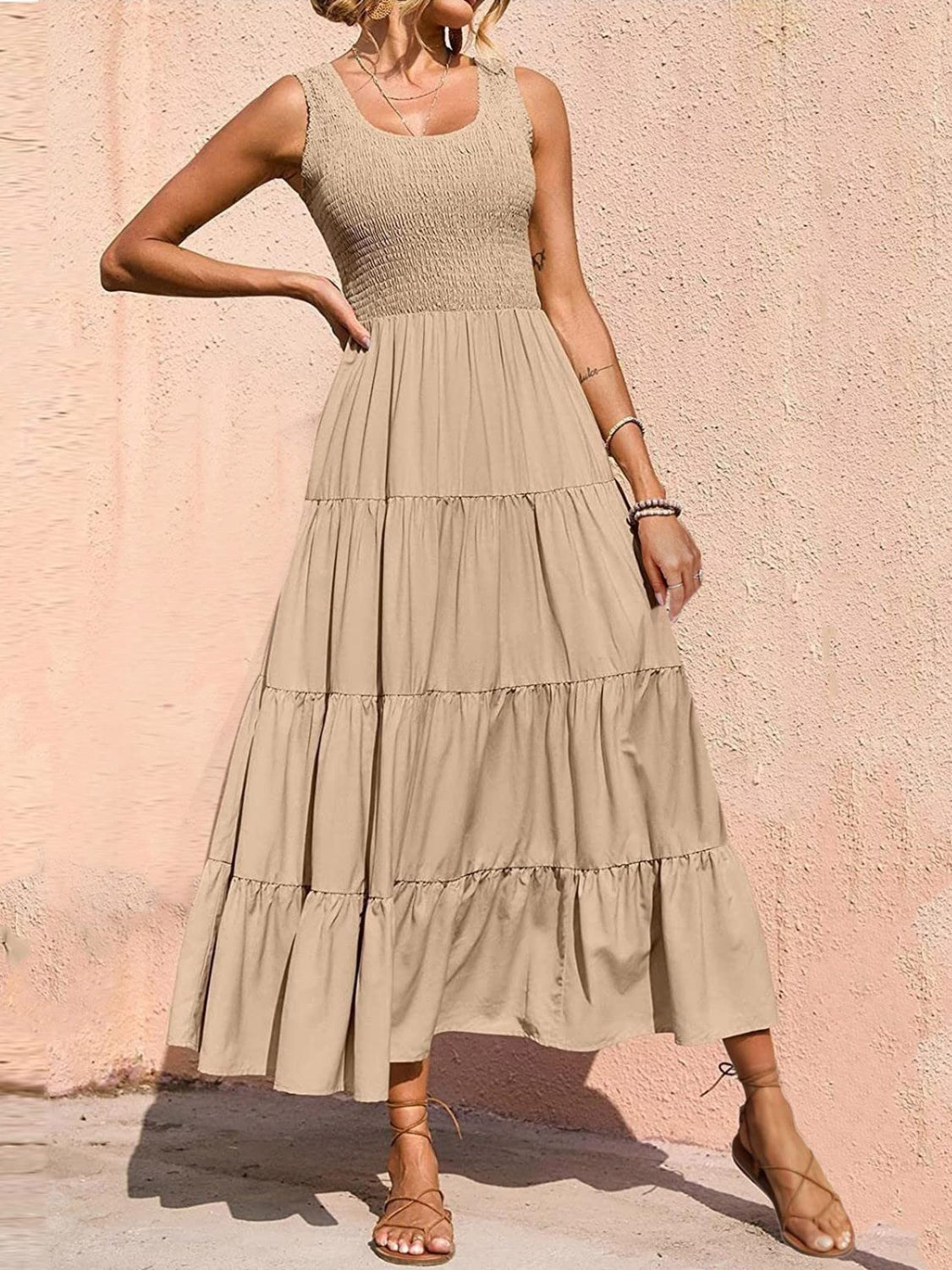 Tiered Smocked Wide Strap Dress - felvior