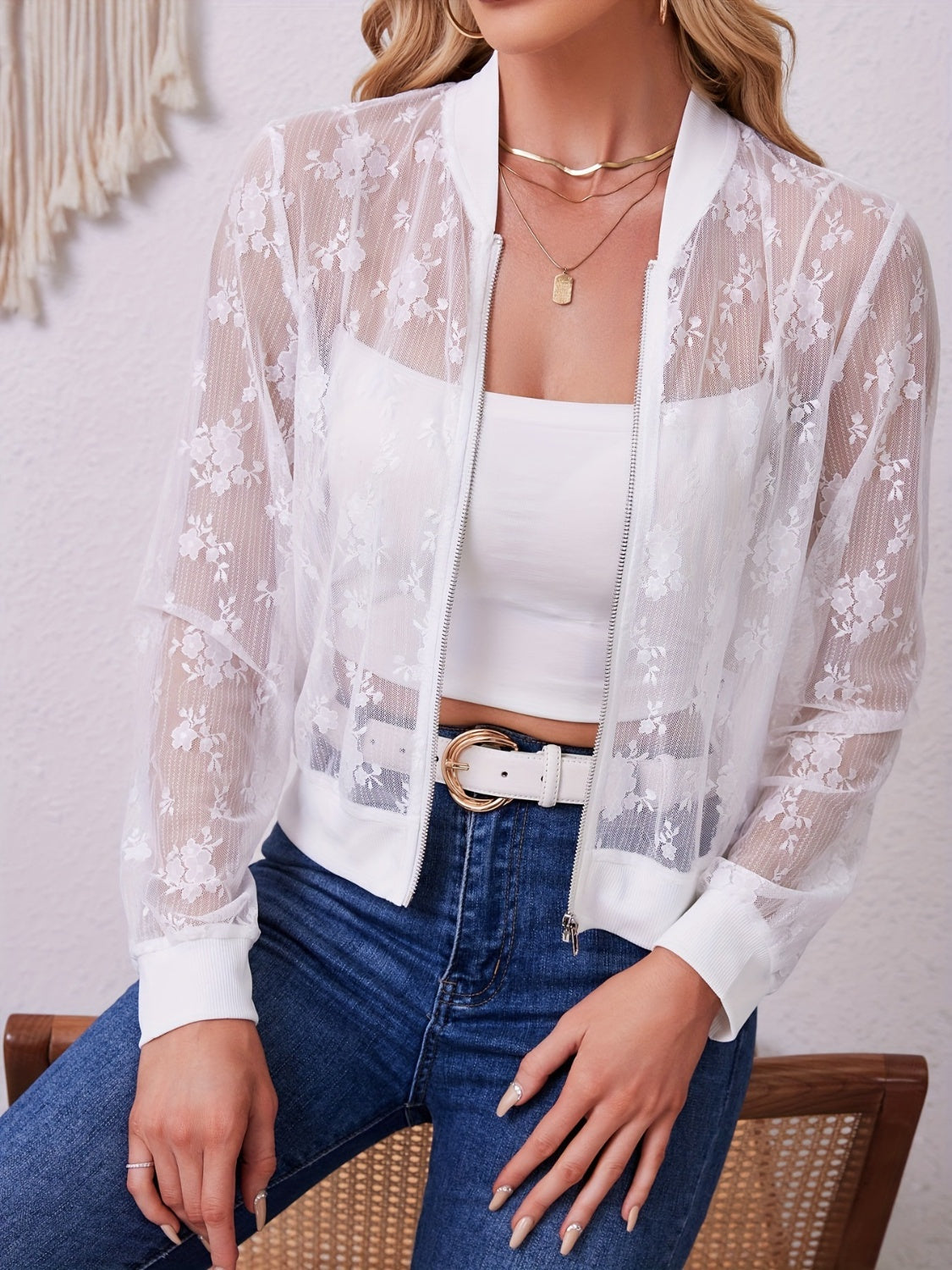 Lace Baseball Collar Zip Up Jacket - felvior