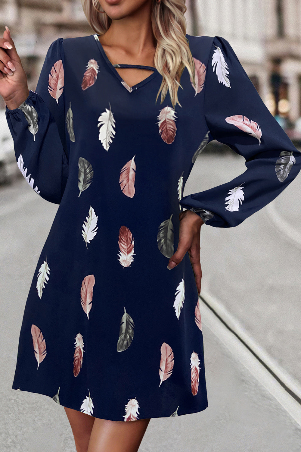 Feather Print V-Neck Dress - felvior