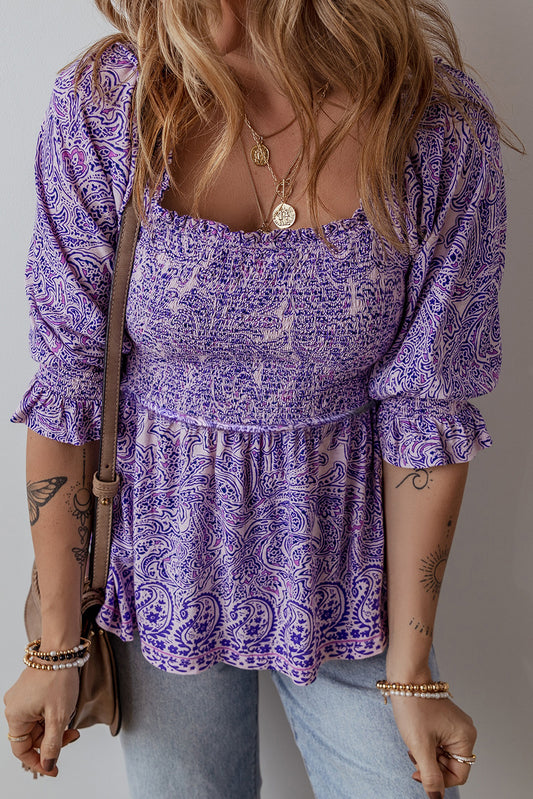 Printed Square Neck Half Sleeve Blouse - felvior