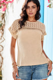 Lace Patchwork Waffle Short Sleeve Knit Top - felvior