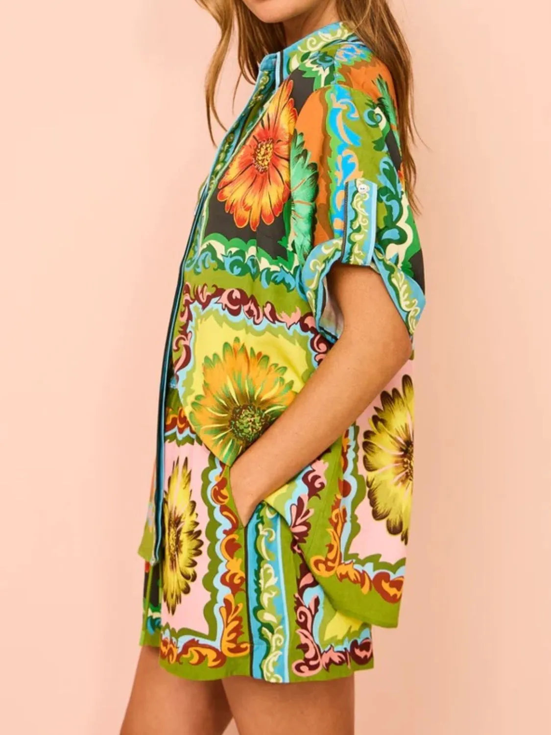 Printed Button Down Top and Drawstring Shorts Set - felvior
