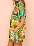 Printed Button Down Top and Drawstring Shorts Set - felvior