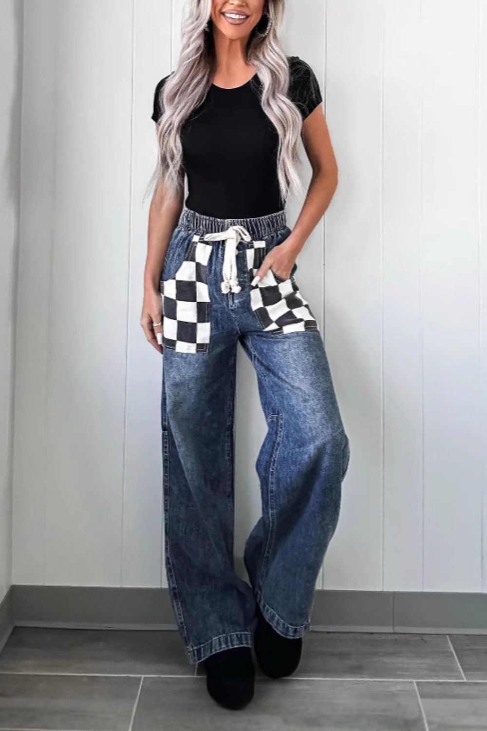 Checkered Wide Leg Jeans - felvior