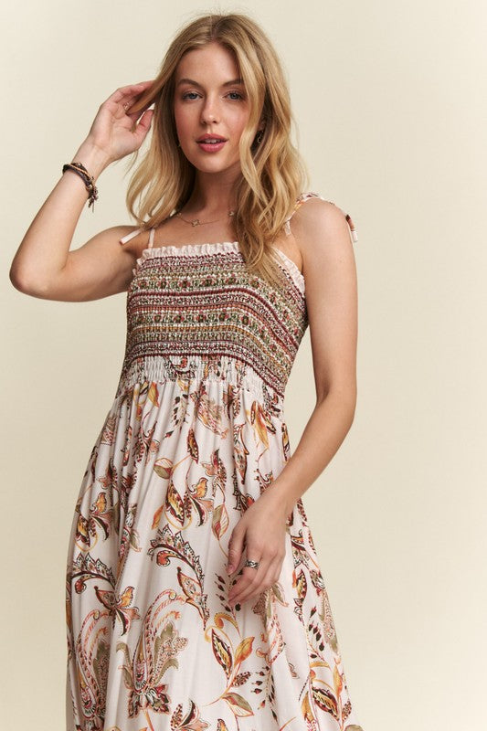 ADORA Smocked Printed Square Neck Tie Shoulder Cami Dress - felvior