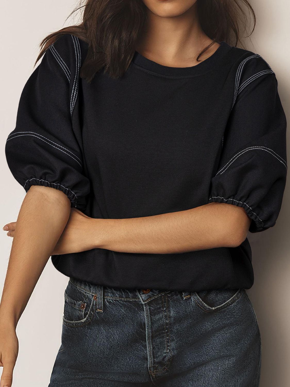 Contrast Stitches Detail Half Sleeve Blouse - felvior