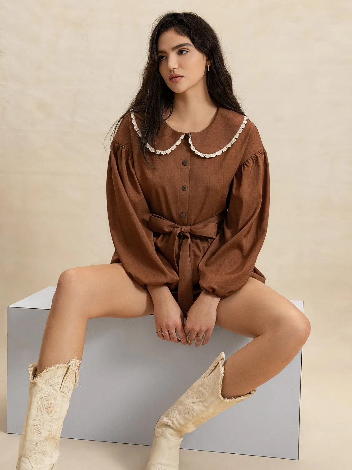 Peter Pan Collar Balloon Sleeve Top and Shorts Set - felvior