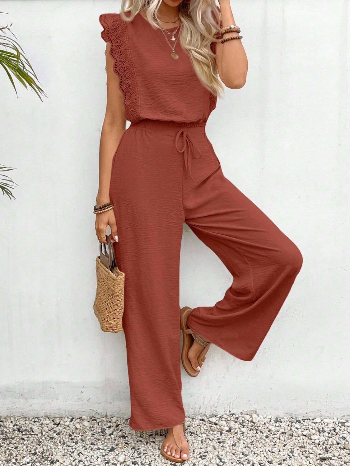 Lace Trim Round Neck Top and Pants Set