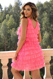 V-Neck Tiered Sleeveless Mesh Dress - felvior