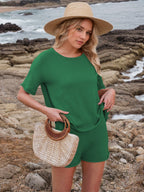 Round Neck Short Sleeve Top and Shorts Sweater Set