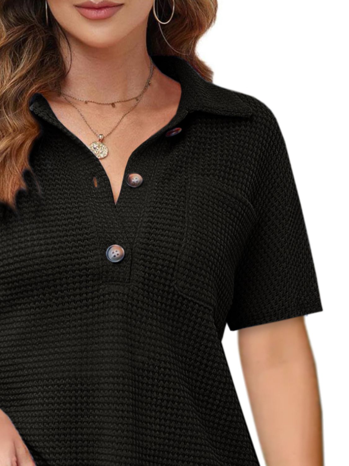 Waffle-Knit Short Sleeve Polo Shirt - felvior