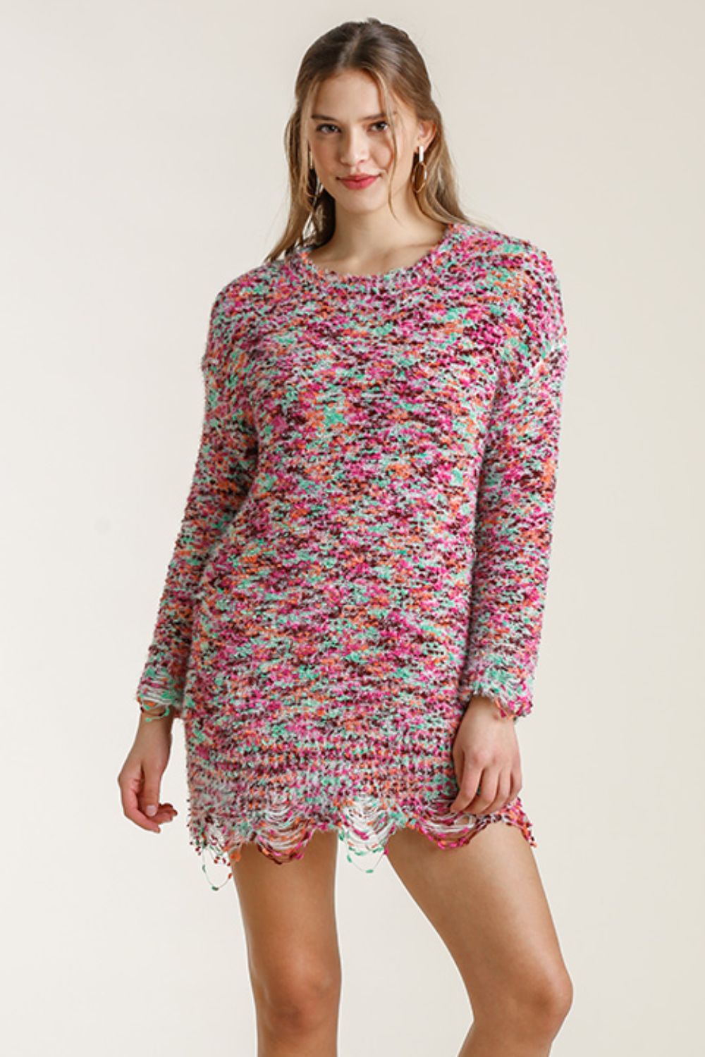 Umgee Full Size Distressed Hem Multicolored Round Neck Knit Tunic Dress Plus Size - felvior