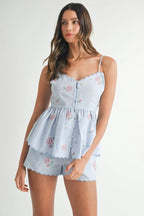 MABLE Stripe Embroidered Peplum Cami and Shorts Set