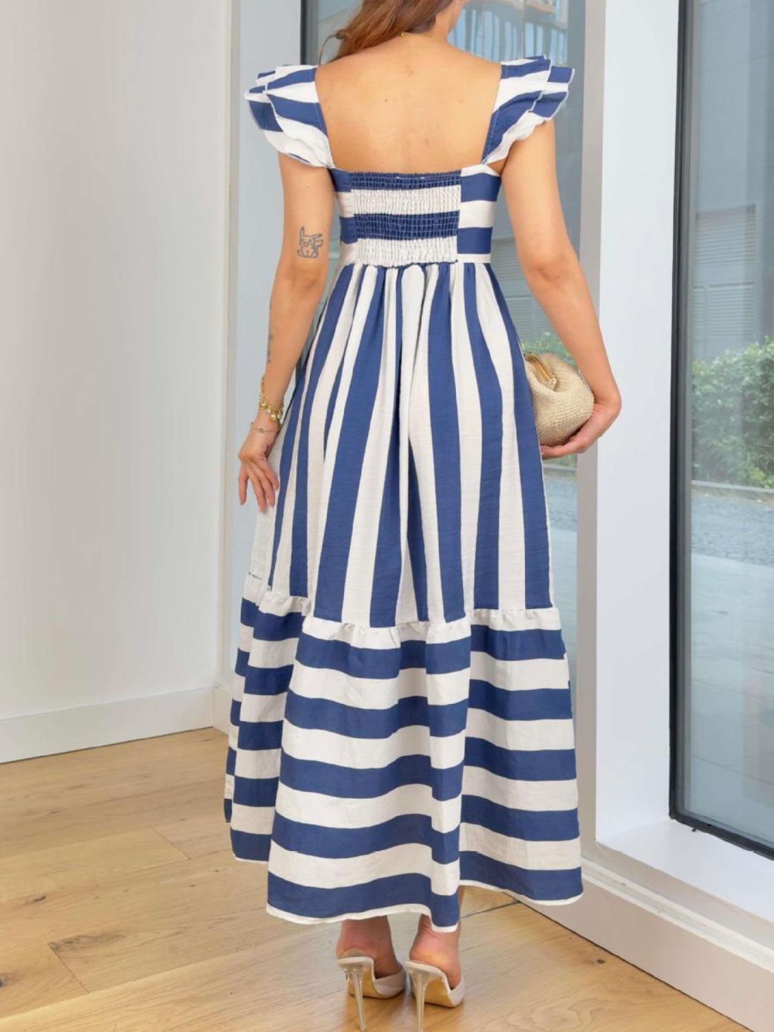Smocked Striped Square Neck Cap Sleeve Dress - felvior