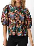 Tropical Print Puff Sleeve Knot Front Blouse - felvior