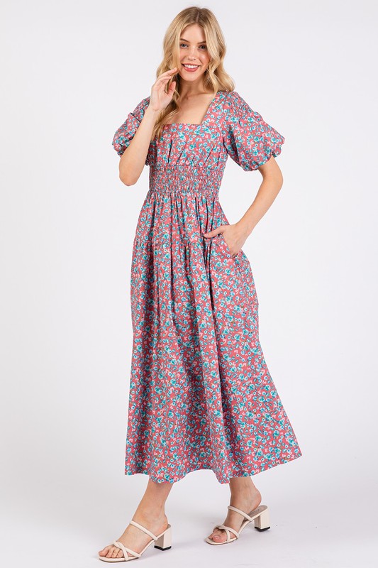 Mittoshop Smocked Floral Square Neck Puff Sleeve Midi Dress - felvior
