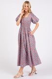 Mittoshop Smocked Floral Square Neck Puff Sleeve Midi Dress - felvior