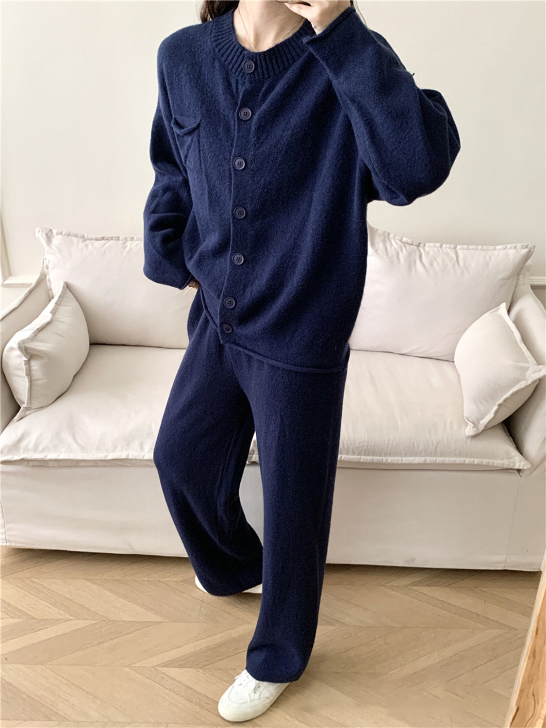 Pocketed Round Neck Button Up Cardigan and Pants Sweater Set - felvior