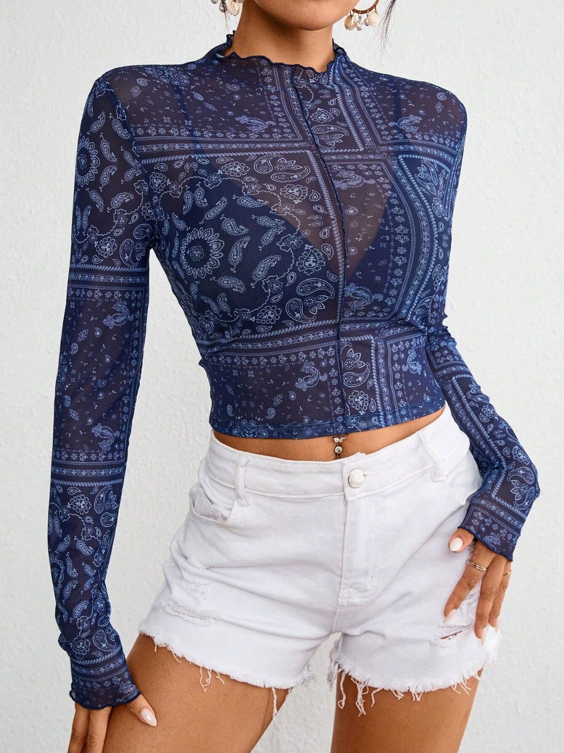Paisley Mock Neck Long Sleeve Sheer Top Secondary image