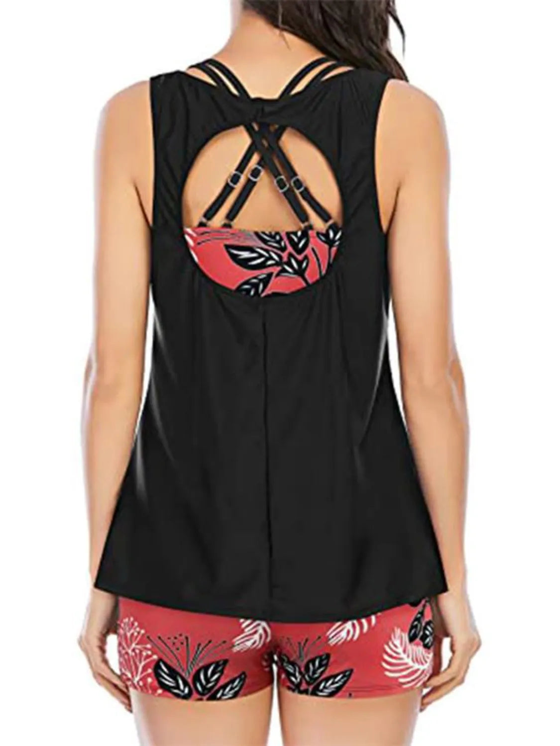 Cutout Printed Round Neck Three-Piece Swim Set - felvior