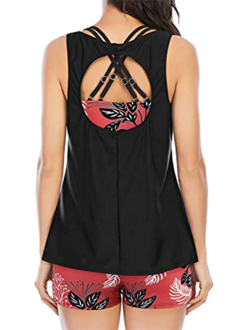 Cutout Printed Round Neck Three-Piece Swim Set