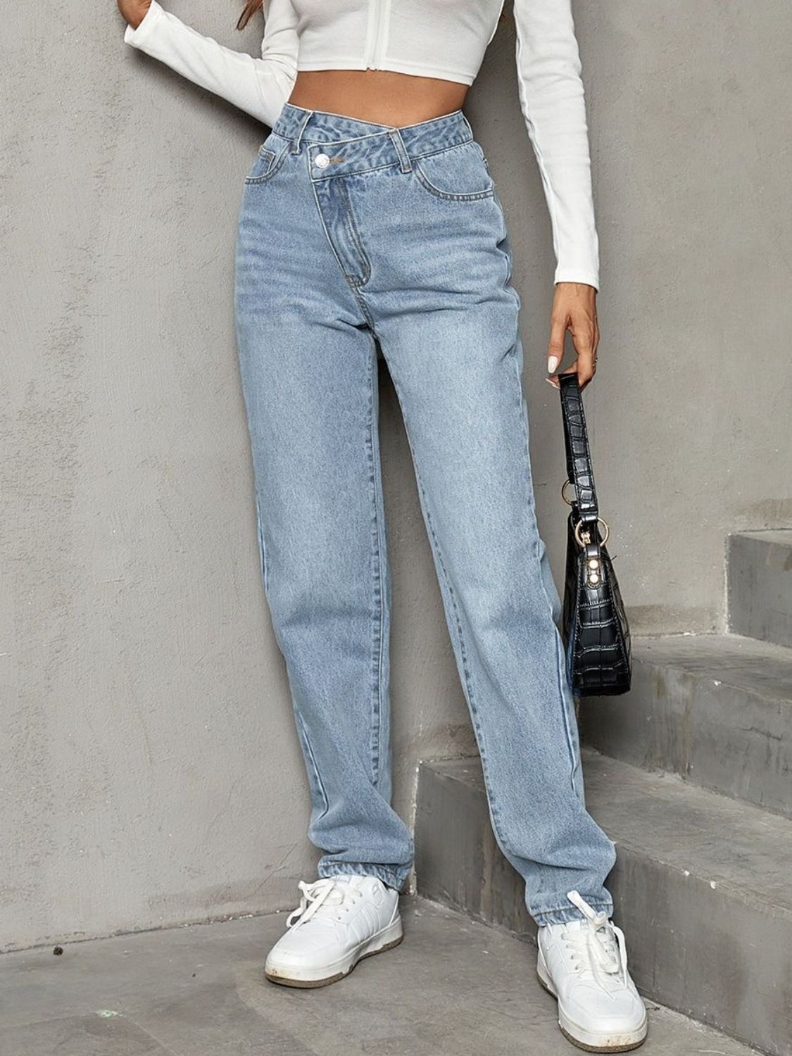 Asymmetrical Waist Straight Leg Jeans - felvior
