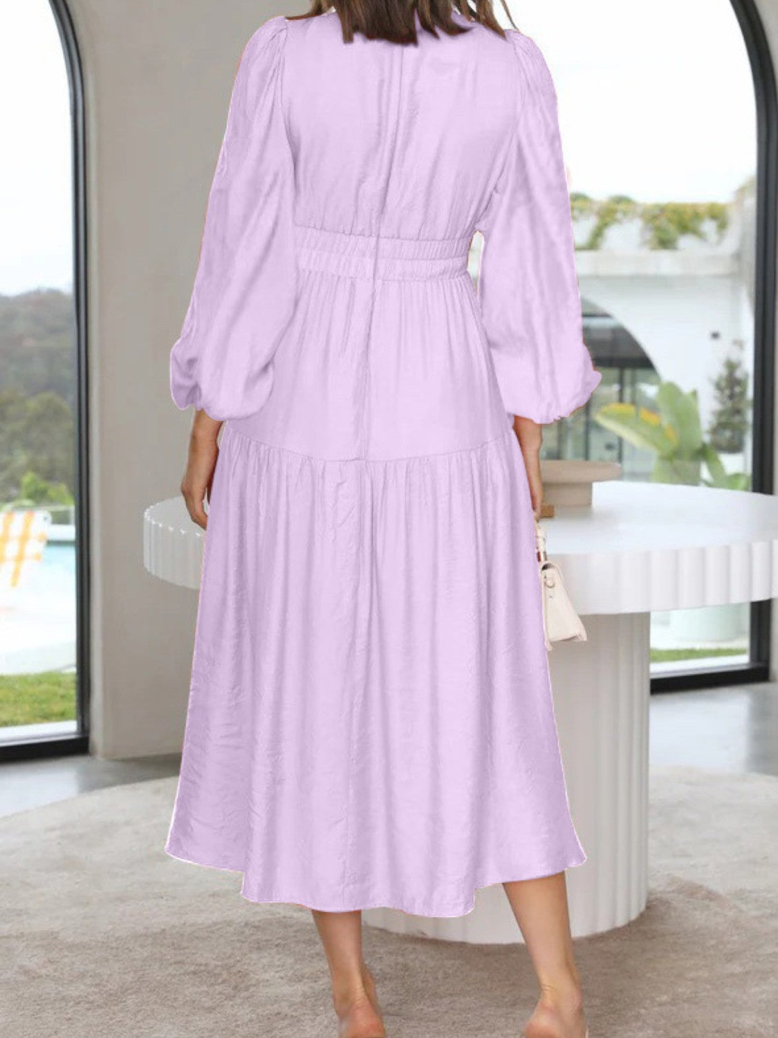 Deep V-Neck Balloon Sleeve Plain Maxi Dress - felvior