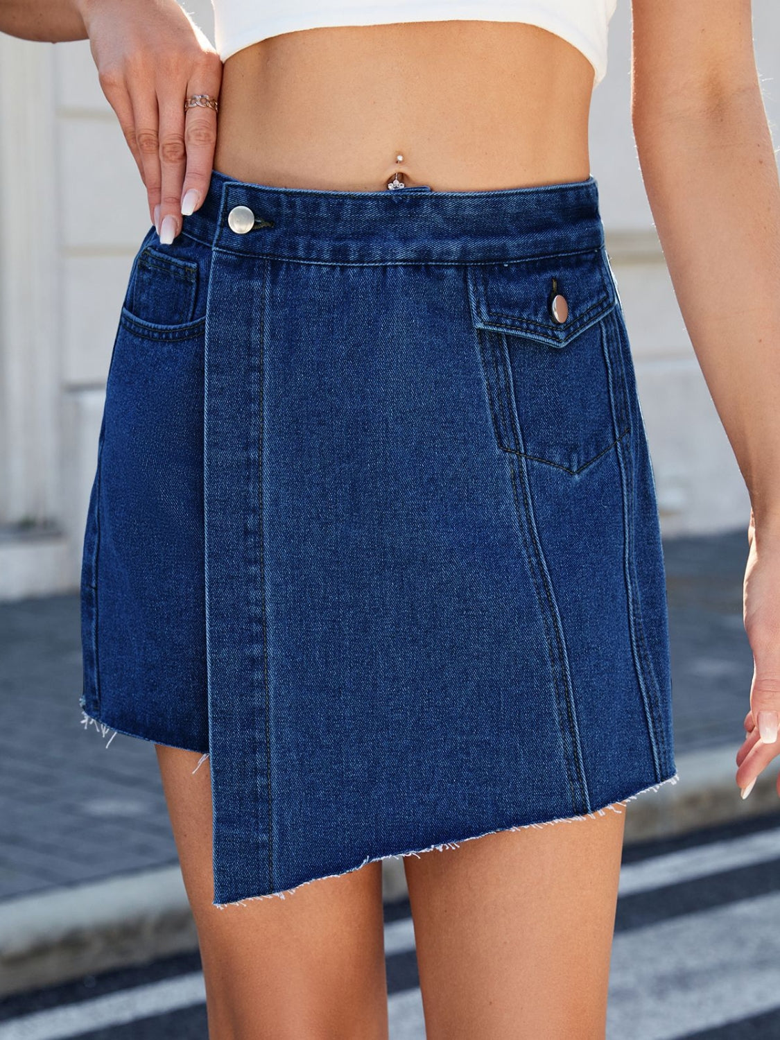 Frayed Hem Asymmetrical Denim Skort - felvior