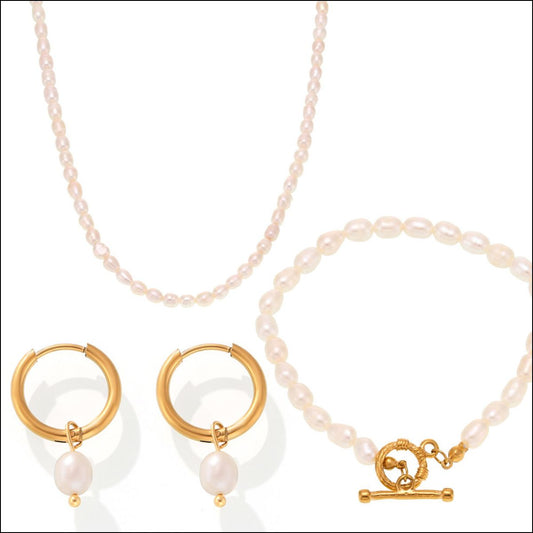Pearl Necklace, Bracelet and Earrings 4-Piece Jewelry Set - felvior