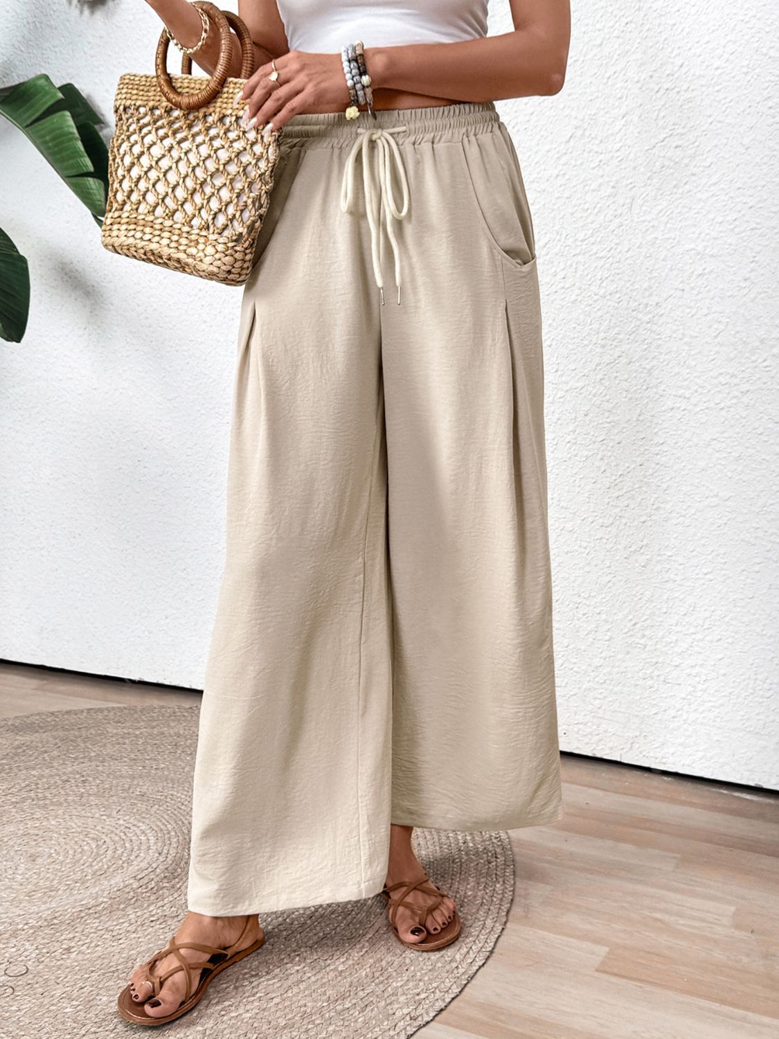 Perfee Drawstring Wide Leg Pants - felvior