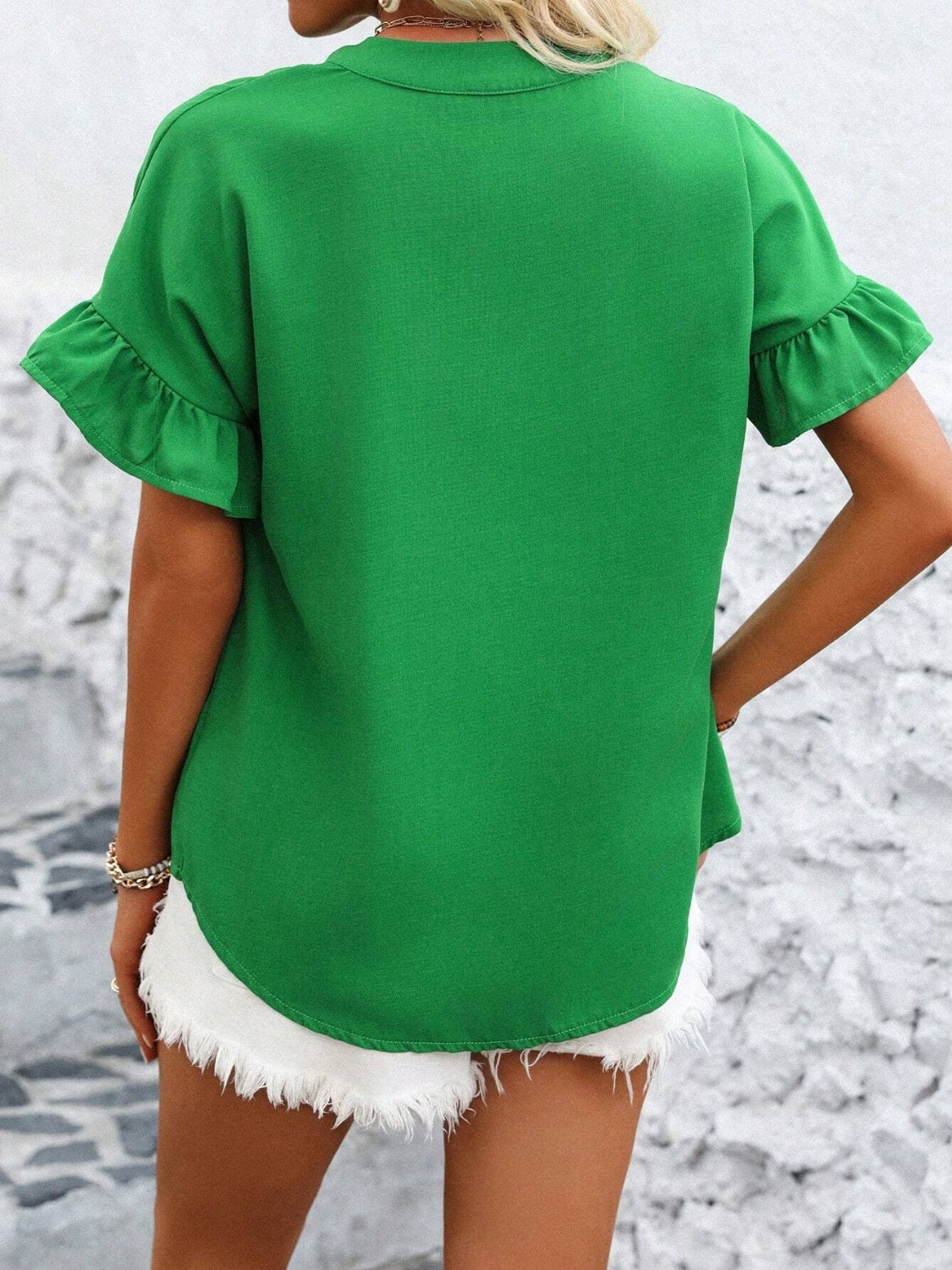 Button Down Ruffled Short Sleeve Shirt - felvior