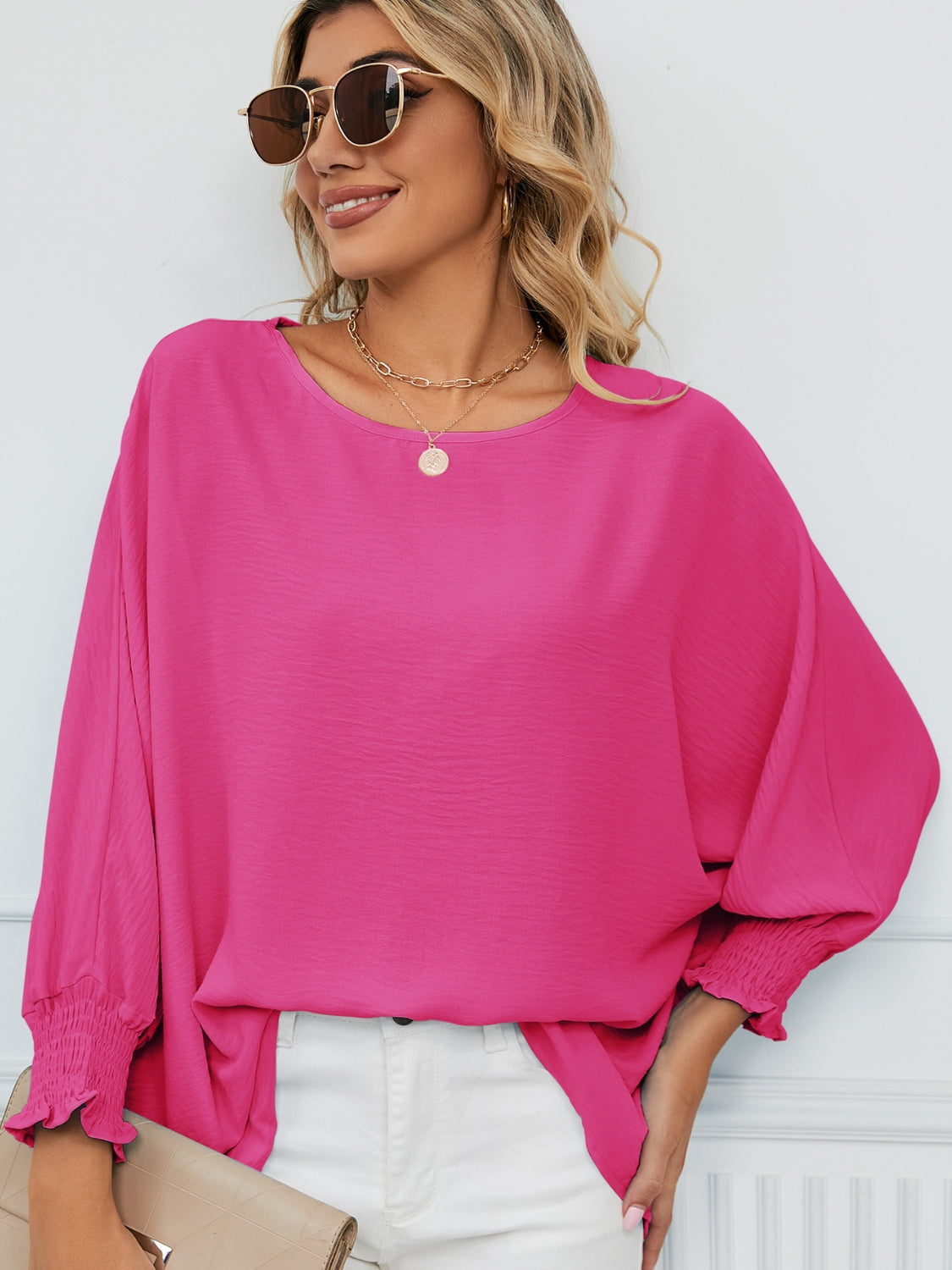 Smocked Lantern Sleeve Round Neck Blouse - felvior