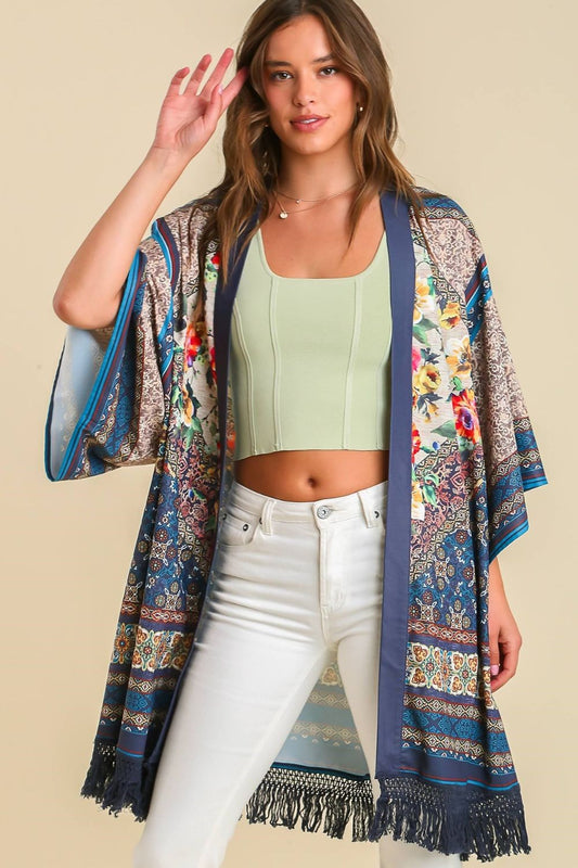 Umgee Full Size Fringe Hem Open Front Printed Kimono Sleeve Cover-Up Plus Size - felvior