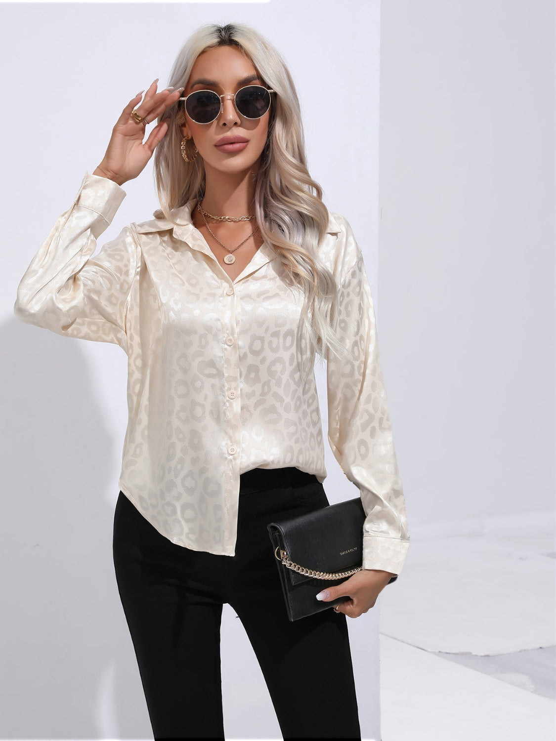 Leopard Collared Neck Long Sleeve Shirt - felvior